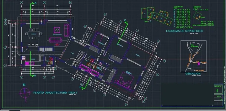 Planta de arquitectura del piso 1, esquema de superficies y ubicación de una casa habitación en San Bernardo