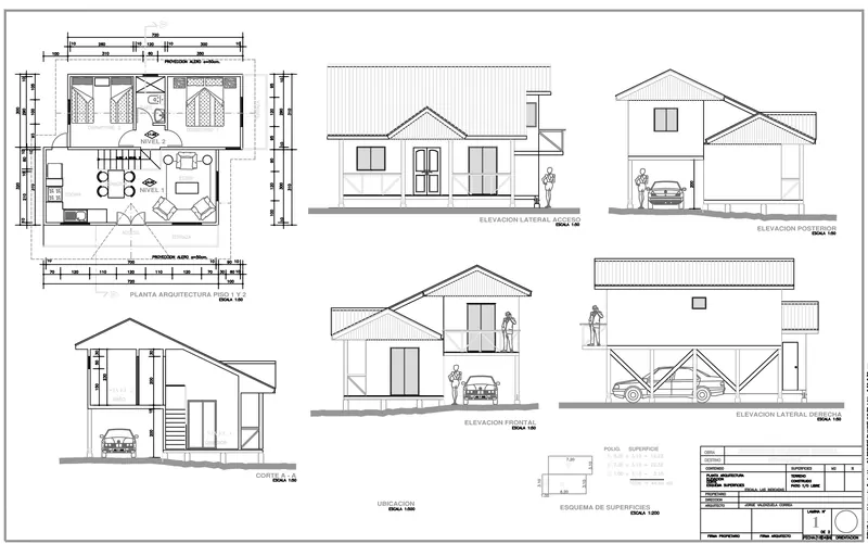 Lámina 1 del Proyecto Cabañas Ecoval: planta de arquitectura, corte, elevaciones y esquema de superficies